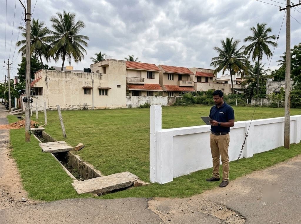 A well-kept vacant plot with mowed grass and a clean boundary wall, checked during a Landbazzar site visit