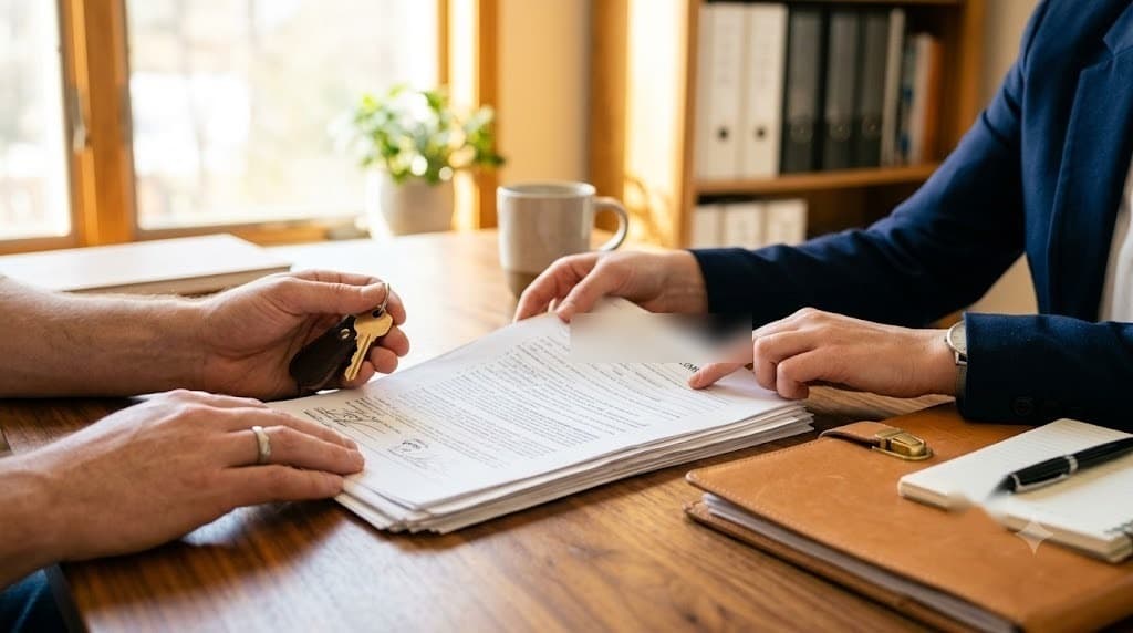 Hands exchanging a house key over paperwork on a desk