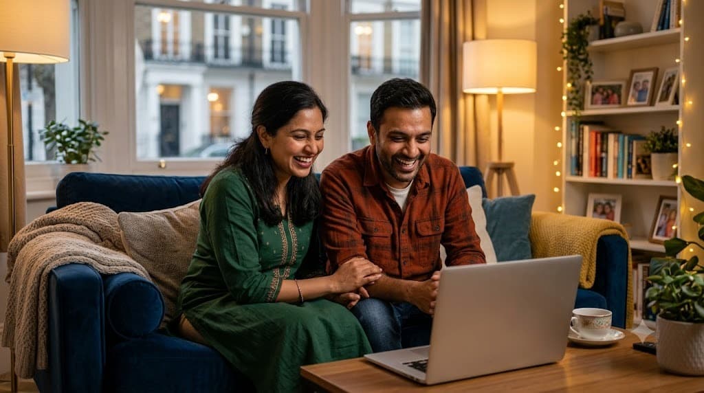 An NRI couple smiling on a video call from abroad, staying in touch with home