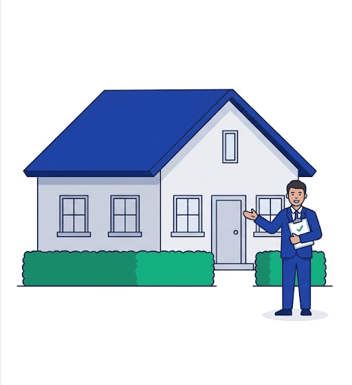 Flat illustration of a Landbazzar manager checking a house against a clipboard