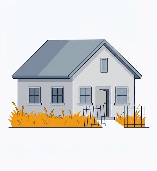 Flat illustration of a house with an overgrown, weed-choked yard and a crooked gate