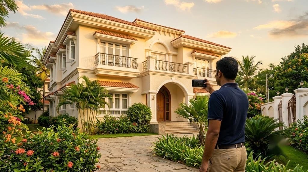A Landbazzar property manager photographing a Chennai villa's facade for an inspection report