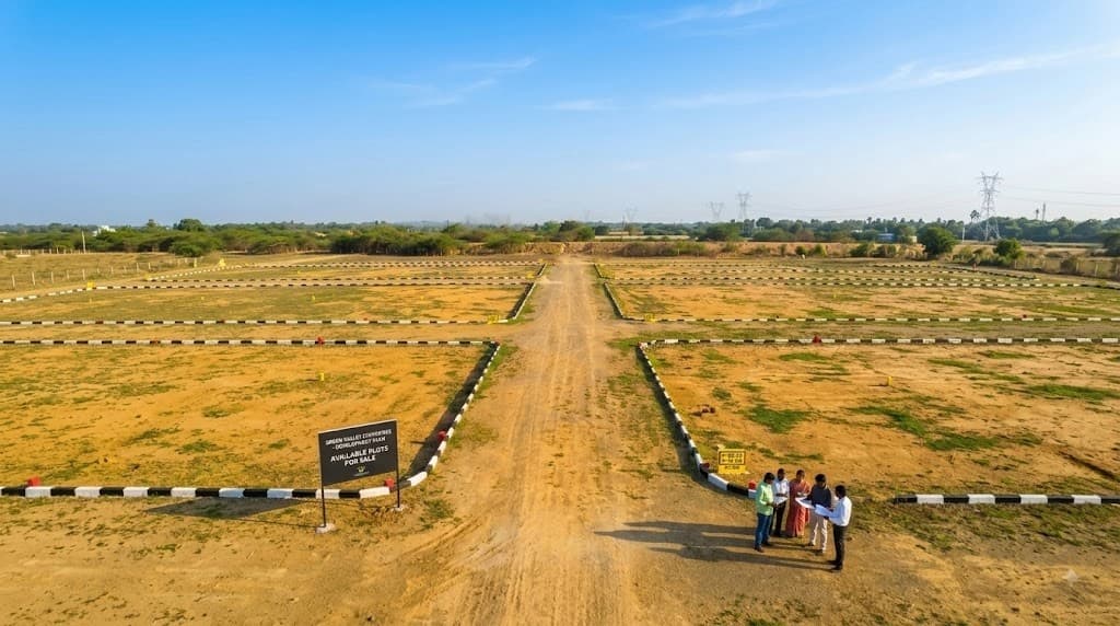 Aerial view of a plotted layout in Arakkonam, showing marked plot boundaries, an internal access road and a site team on the ground