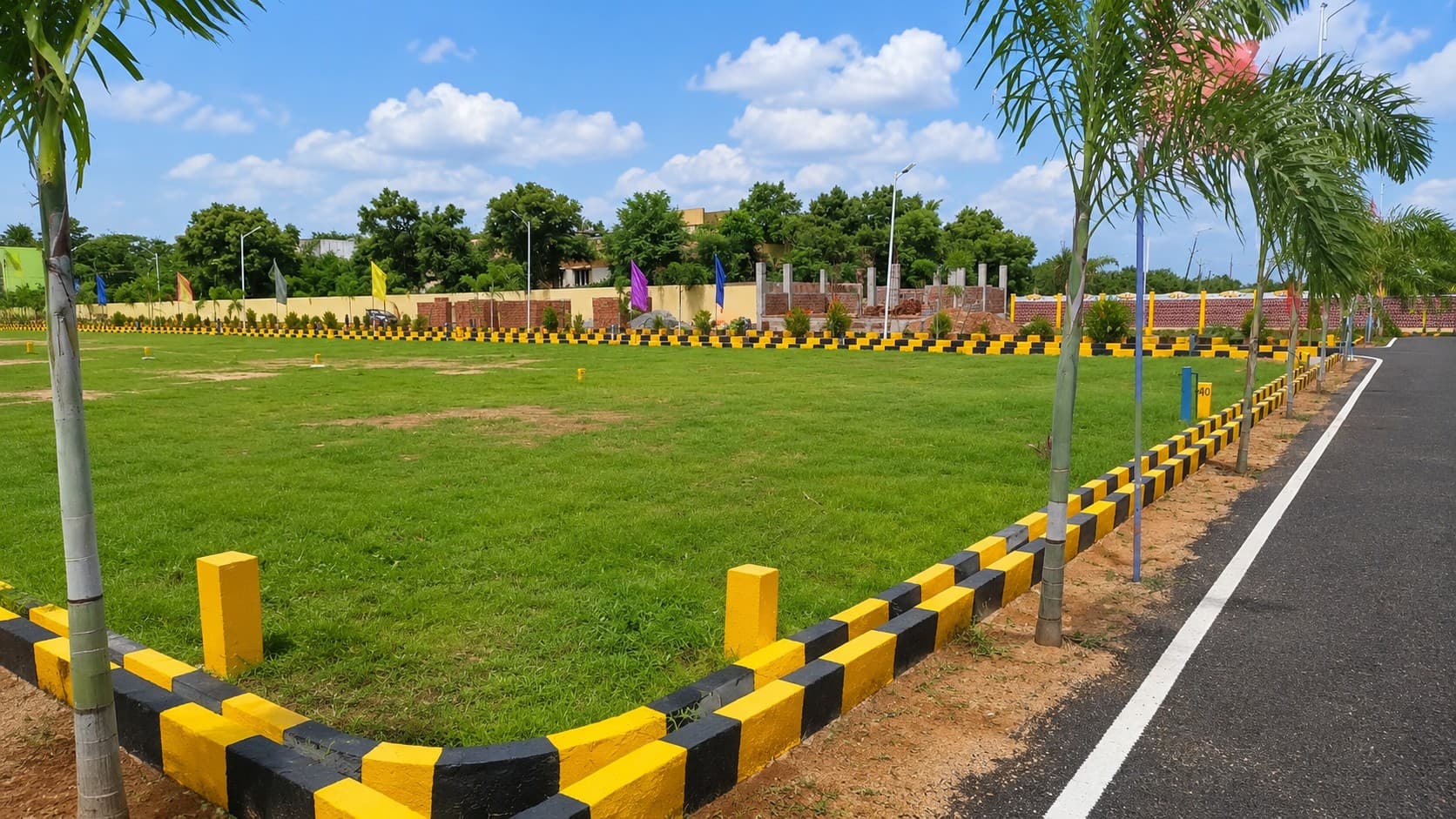 Grassed plot frontage with kerb stones and flag markers alongside the internal road at Sri Krithvik Garden